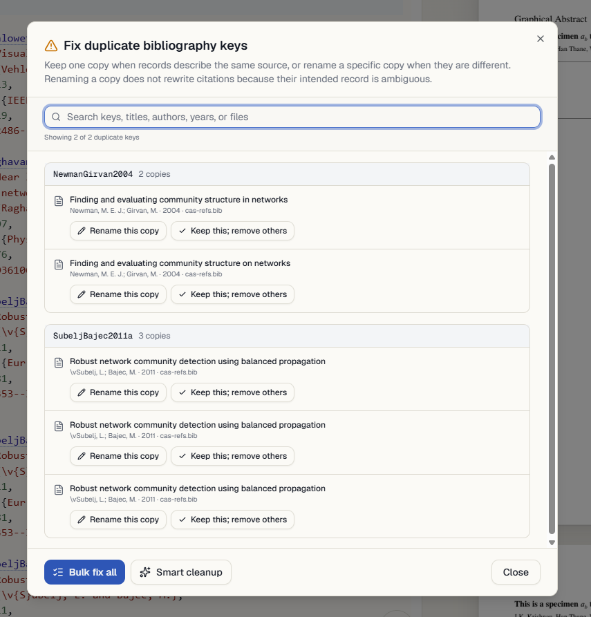 Fix duplicate bibliography keys dialog