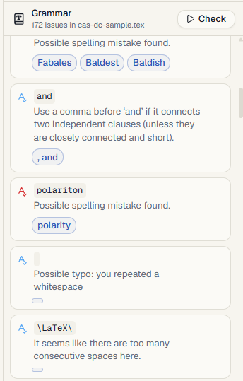 Grammar check panel