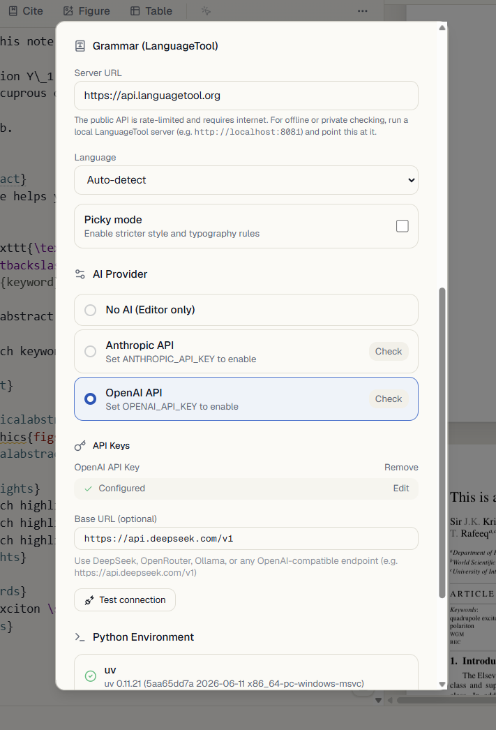 Opal Settings over the Elsevier sample project, showing AI provider selection, a configured API key, a custom base URL, and the Test connection button