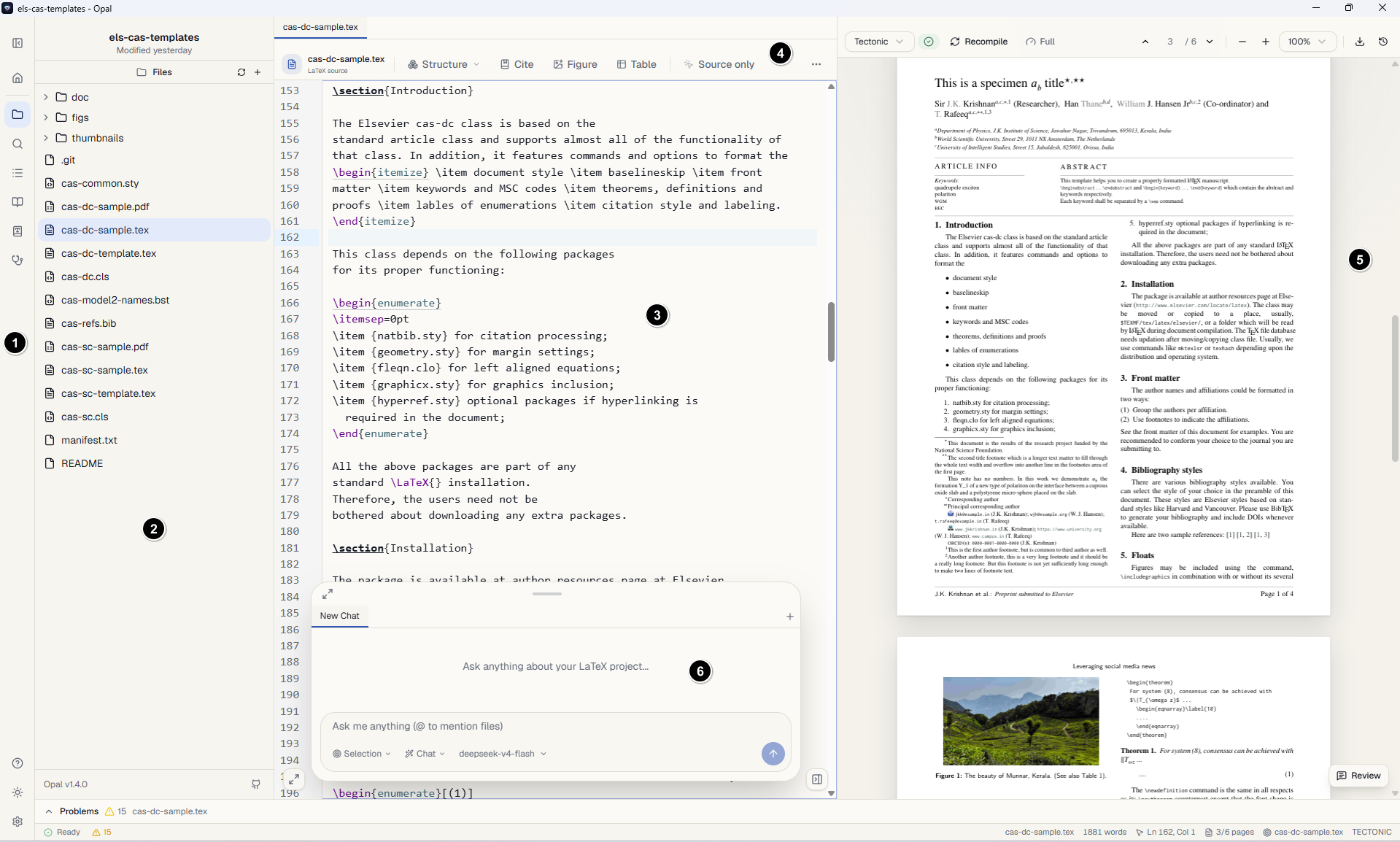 Opal displaying the Elsevier sample project with the activity rail, file tree, LaTeX editor, and PDF preview visible